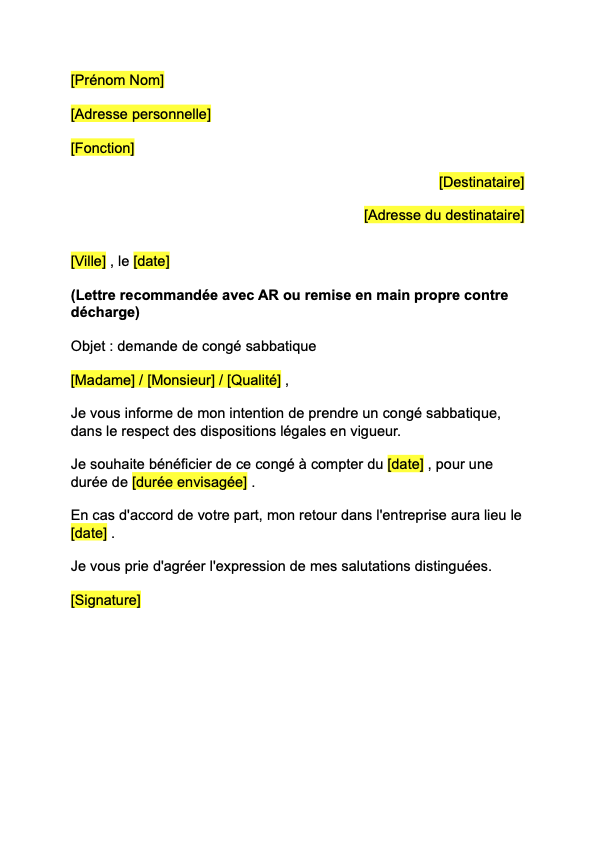 Lettre de demande de congé sabbatique