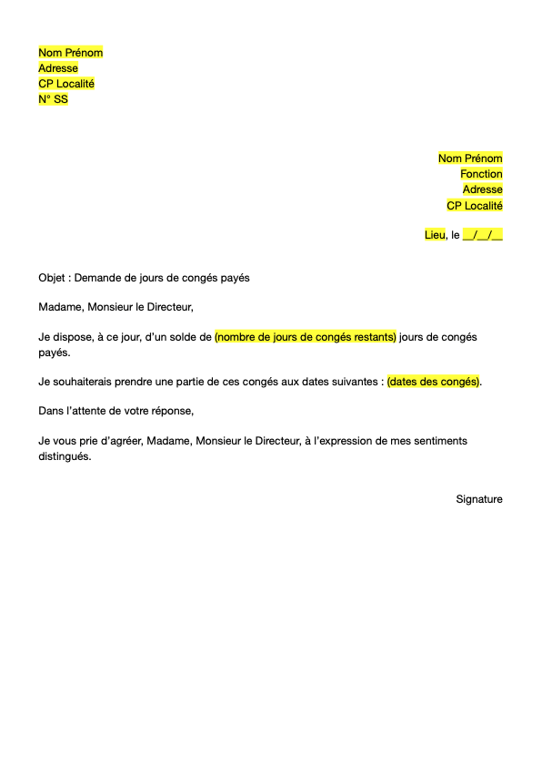 Lettre de demande de congé payé