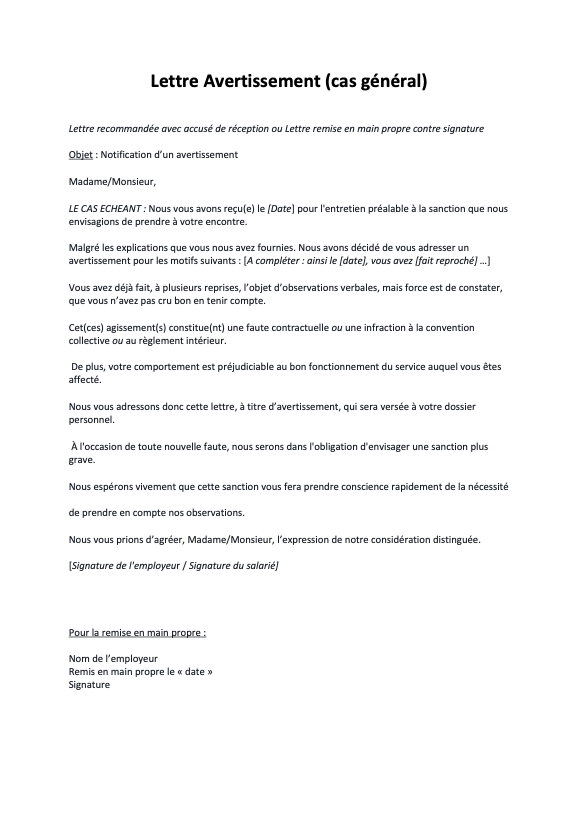 Lettre Avertissement (cas général)