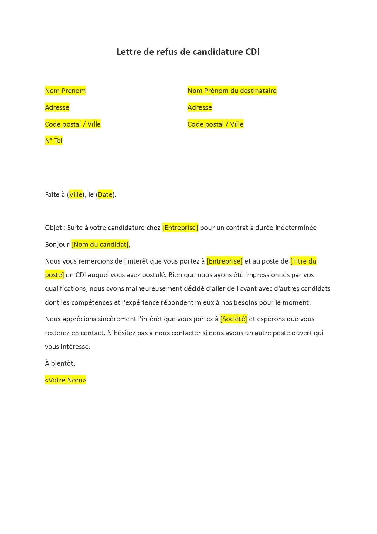 Lettre de refus de candidature CDI