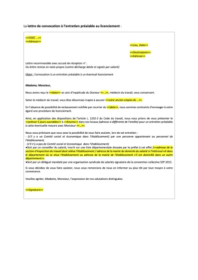 Lettre de convocation pour un entretien de licenciement pour inaptitude