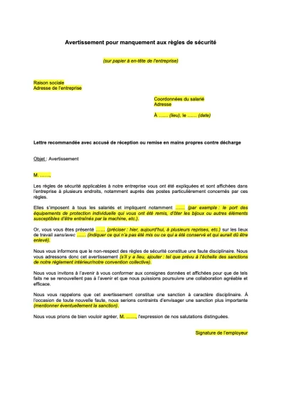 Avertissement pour manquement aux règles de sécurité