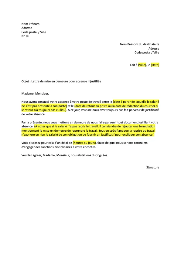 Courrier en cas d&rsquo;absence injustifiée