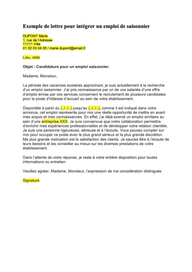 Lettre de motivation pour Emploi Saisonnier