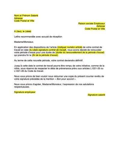 Modèle de lettre pour renouveler la période d&rsquo;essai d&rsquo;un salarié