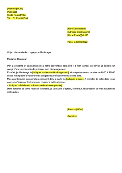 Lettre pour demander un congé pour déménagement