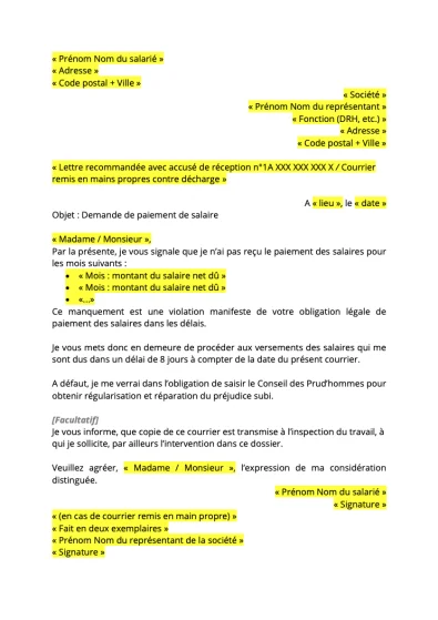 Lettre pour réclamer des salaires impayés