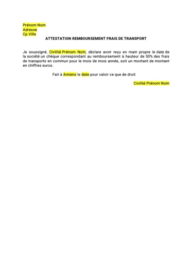 Modèle attestation remboursement frais de transports (stagiaires)
