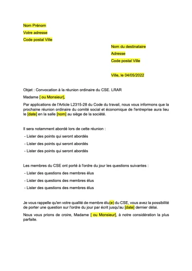 Modèle de Convocation des membres du CSE à une réunion ordinaire