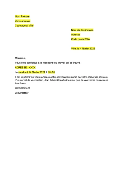 Modèle de Convocation à la Médecine du Travail
