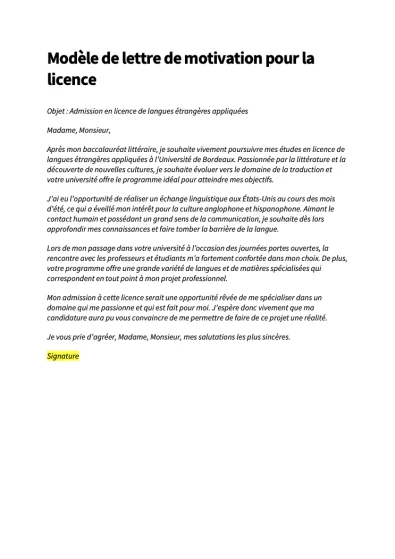 Lettre de motivation licence