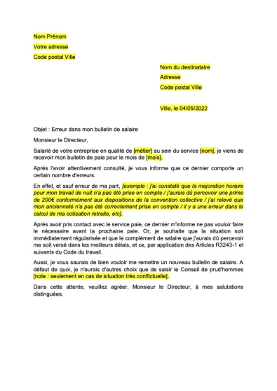 Modèle de lettre pour la signalisation d&rsquo;une erreur sur une fiche de paie