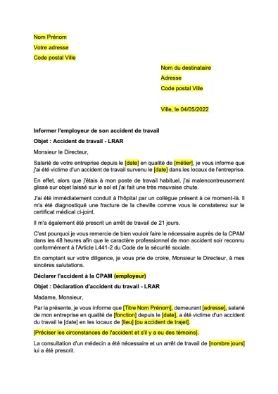 Modèle pour Déclarer un accident du travail ou de trajet