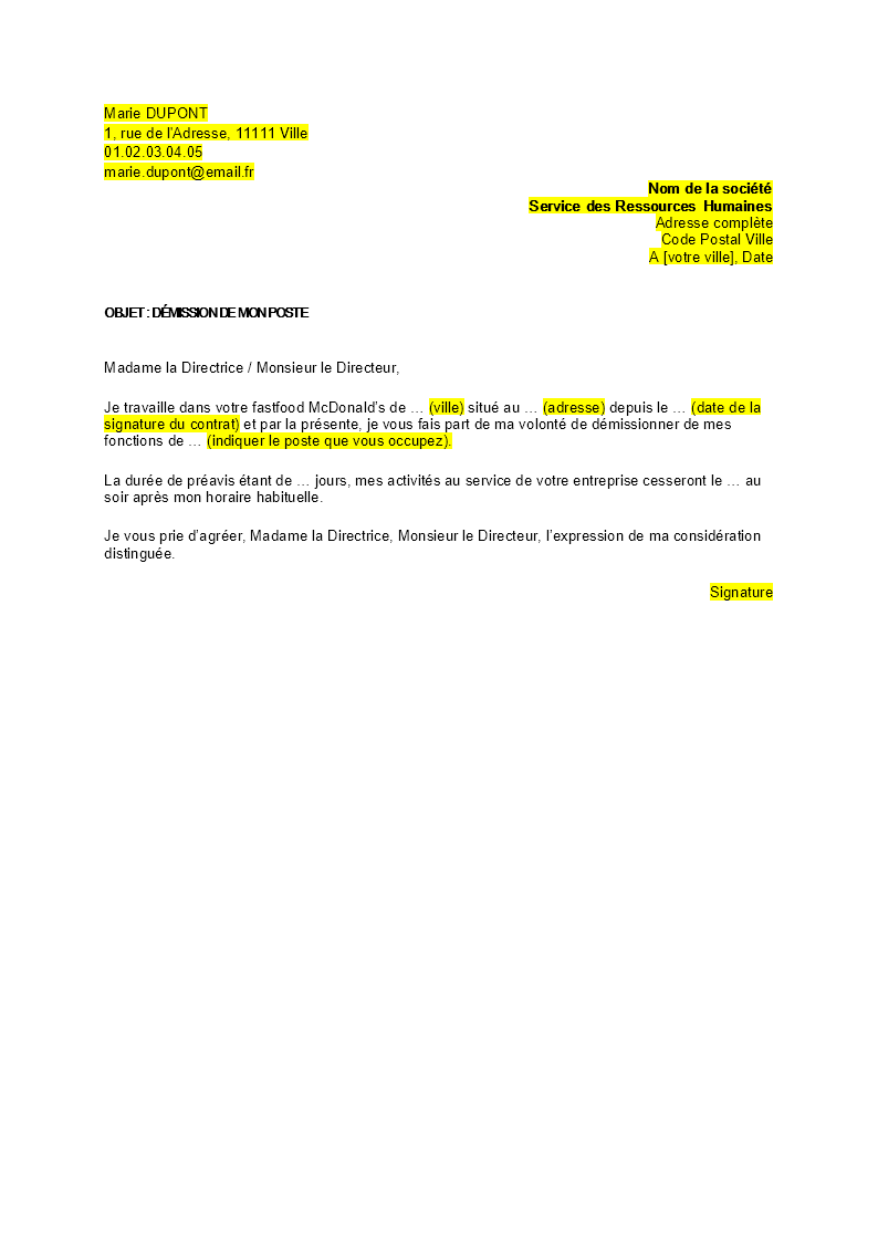 Lettre de démission mcdo