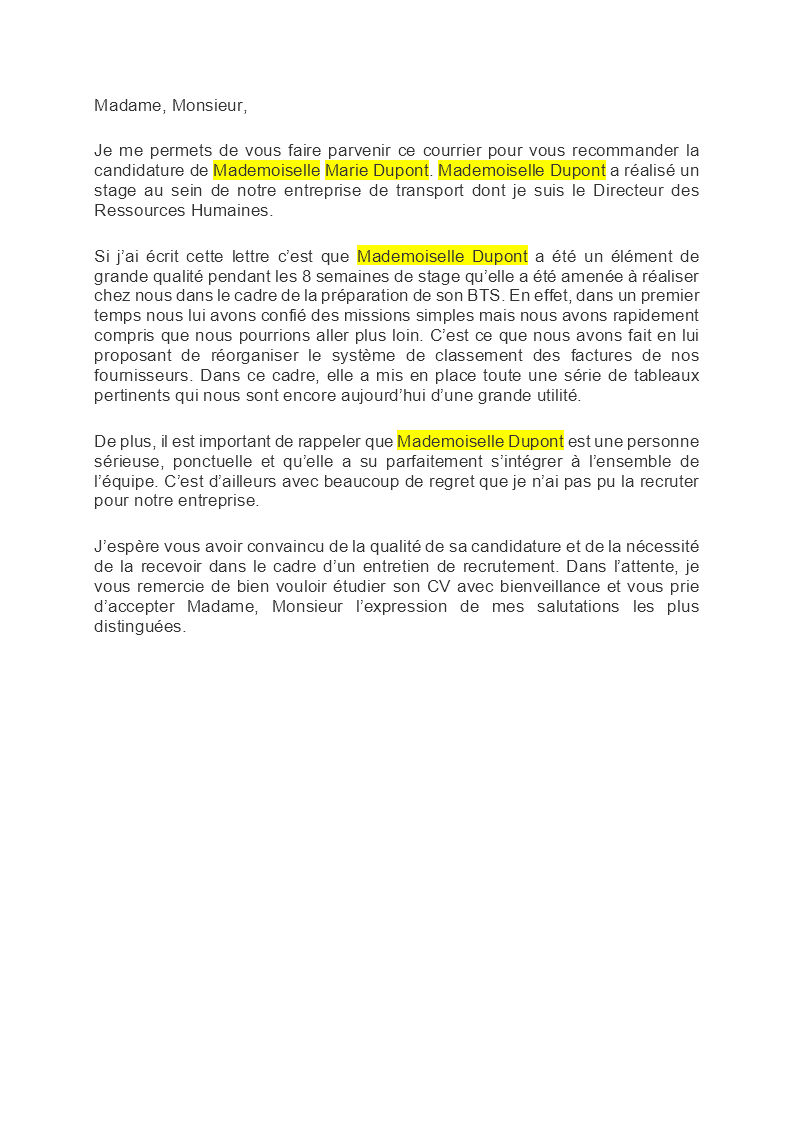 Lettre de recommandation exemple
