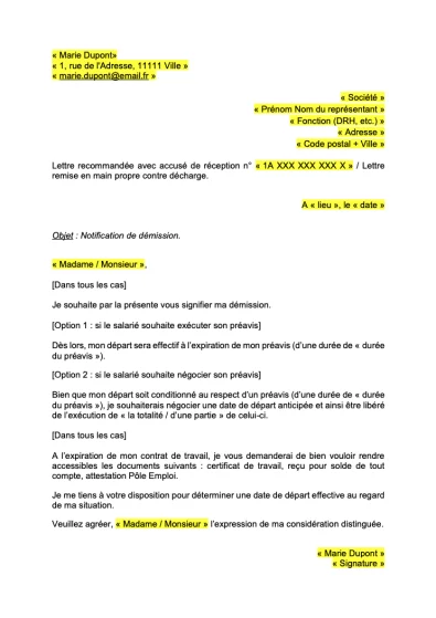 Lettre de démission avec préavis réduit