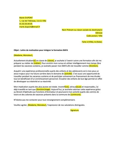 Lettre de motivation bafa