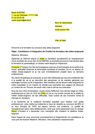 Lettre de motivation formation aide soignante