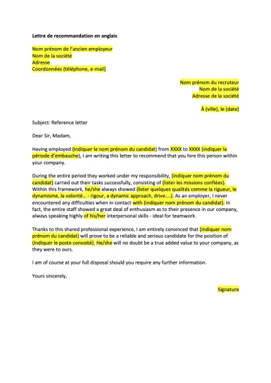 Lettre de recommandation en anglais