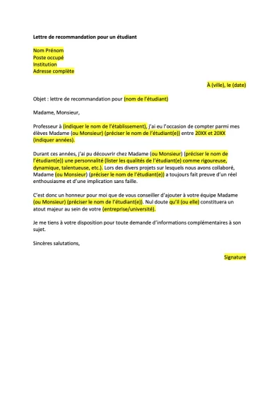 Lettre de recommandation étudiant