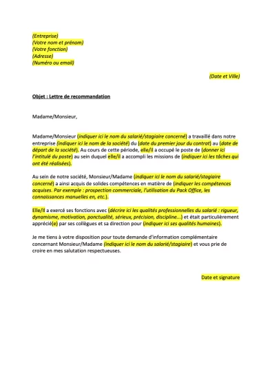 Lettre de recommandation professionnelle