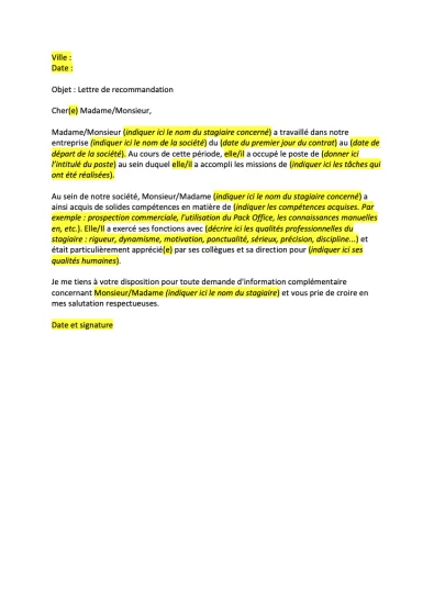 Lettre de recommandation stagiaire