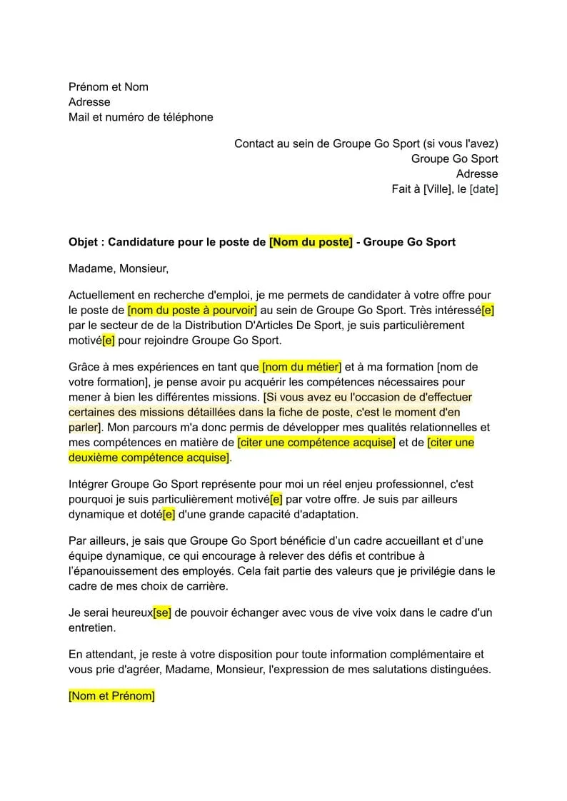 Lettre De Motivation Groupe Go Sport